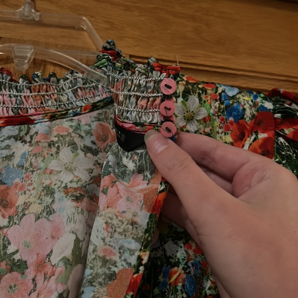Zara Floral Smocked High-Neck Blouse in Red, Pink, Green - Picture 5 of 7